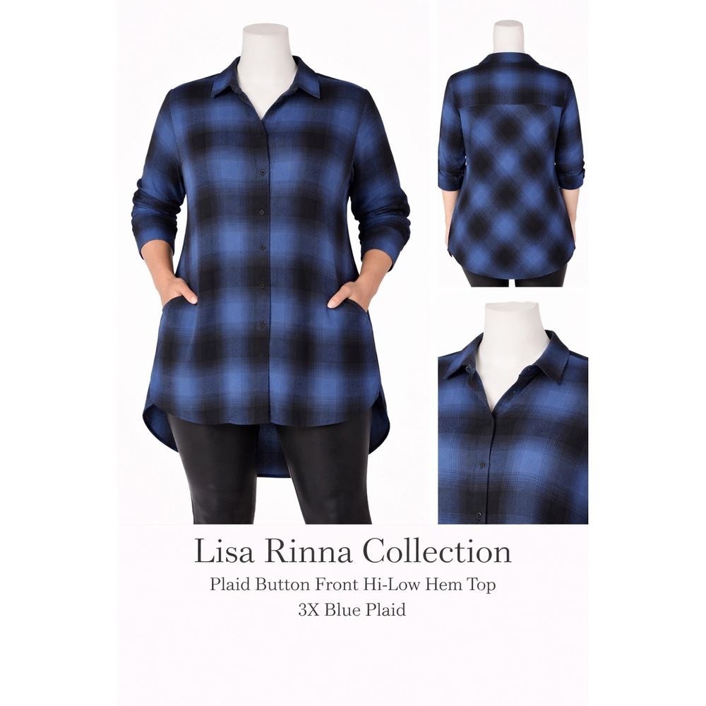 Lisa Rinna Collection Plaid Button Front Hi-Low Hem Top 3X Blue Black‎ Cotton